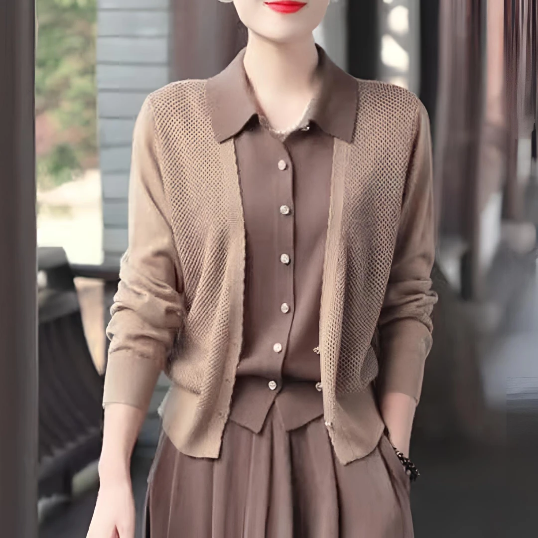 假两件开衫翻领长袖针织衫女春秋新款宽松显瘦气质外套时尚上衣