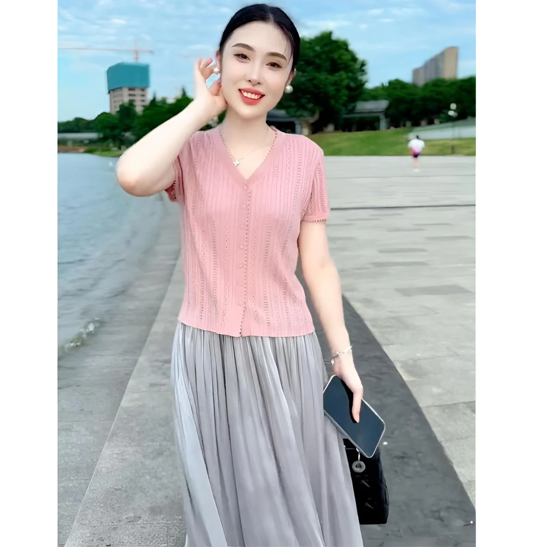 夏薄款V领针织衫女开衫短袖洋气减龄显瘦气质上衣T恤中长款半身裙