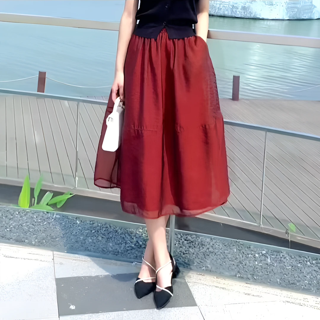 2025夏季口袋松紧高腰显瘦薄款网纱裙气质中长款A字蓬蓬半身裙女