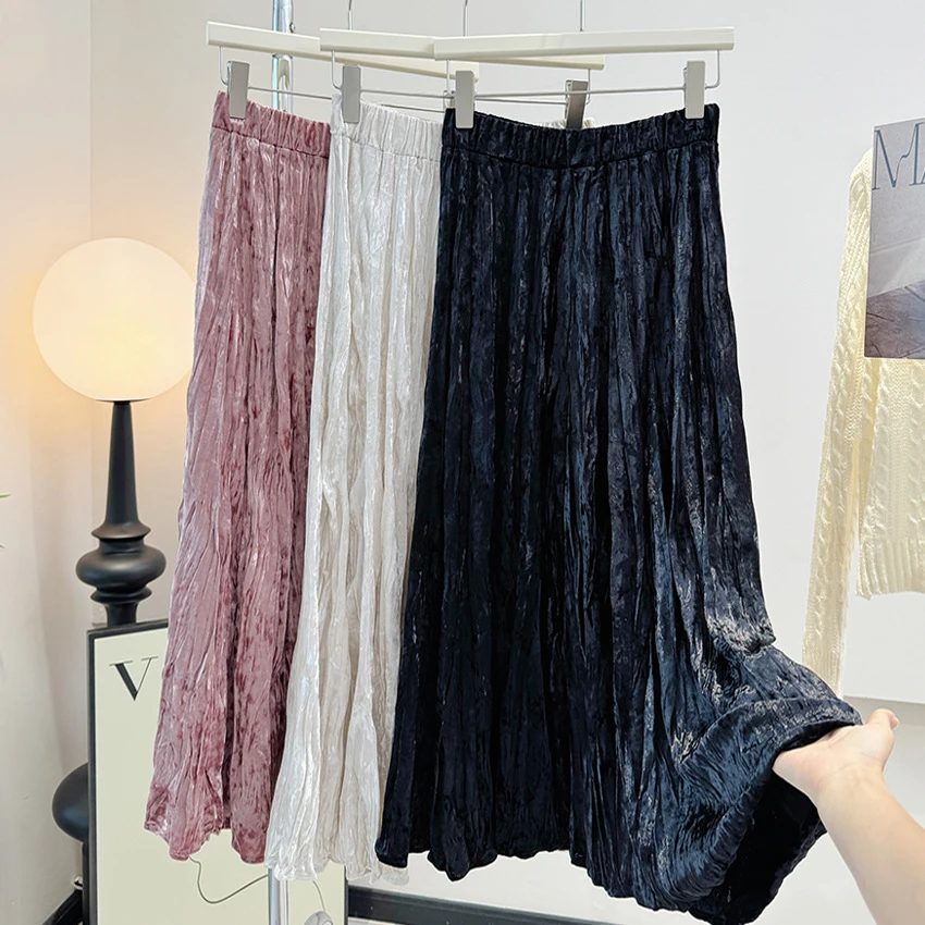 金丝绒褶皱秋冬新款百搭松紧腰半身裙中长款遮跨显瘦大摆A字长裙