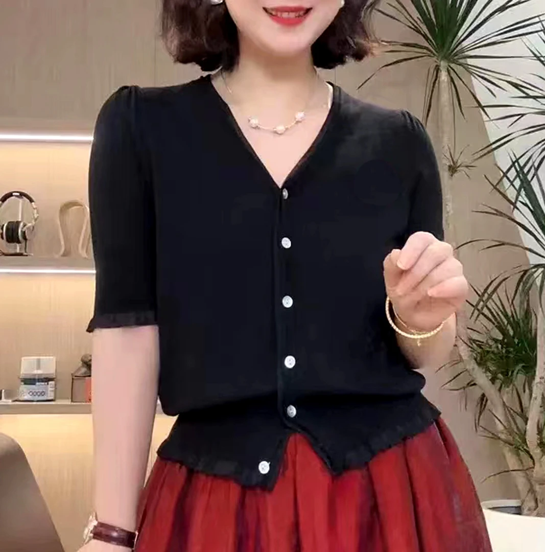 夏季薄款木耳边花边V领冰丝T恤女针织衫开衫短袖上衣宽松显瘦气质