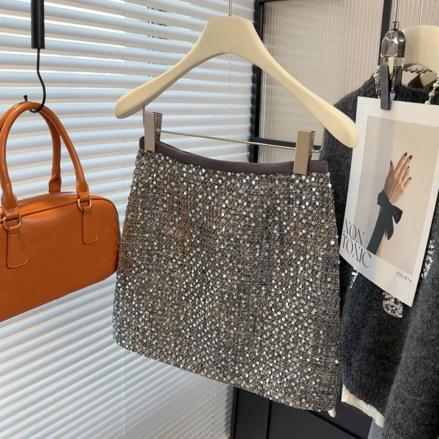 亮片高级感小香风高腰半身裙女百搭显瘦辣妹A字包臀短裙时尚秋冬