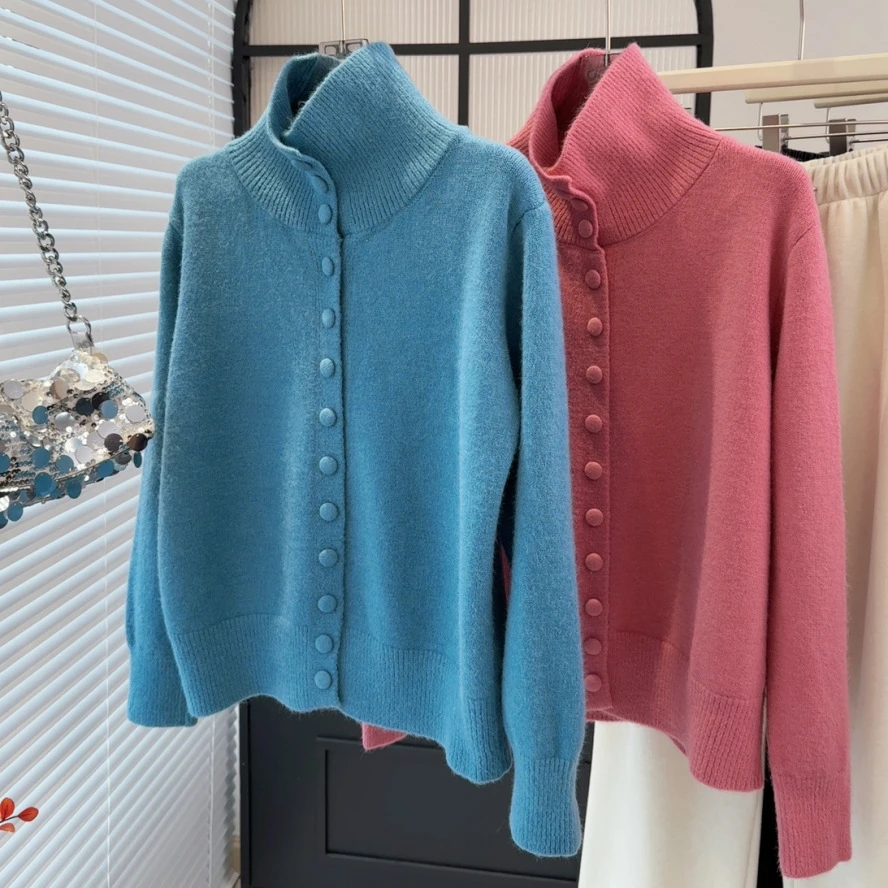 高领翻领厚实保暖毛衣针织衫开衫女休闲气质宽松显瘦外套秋冬新款