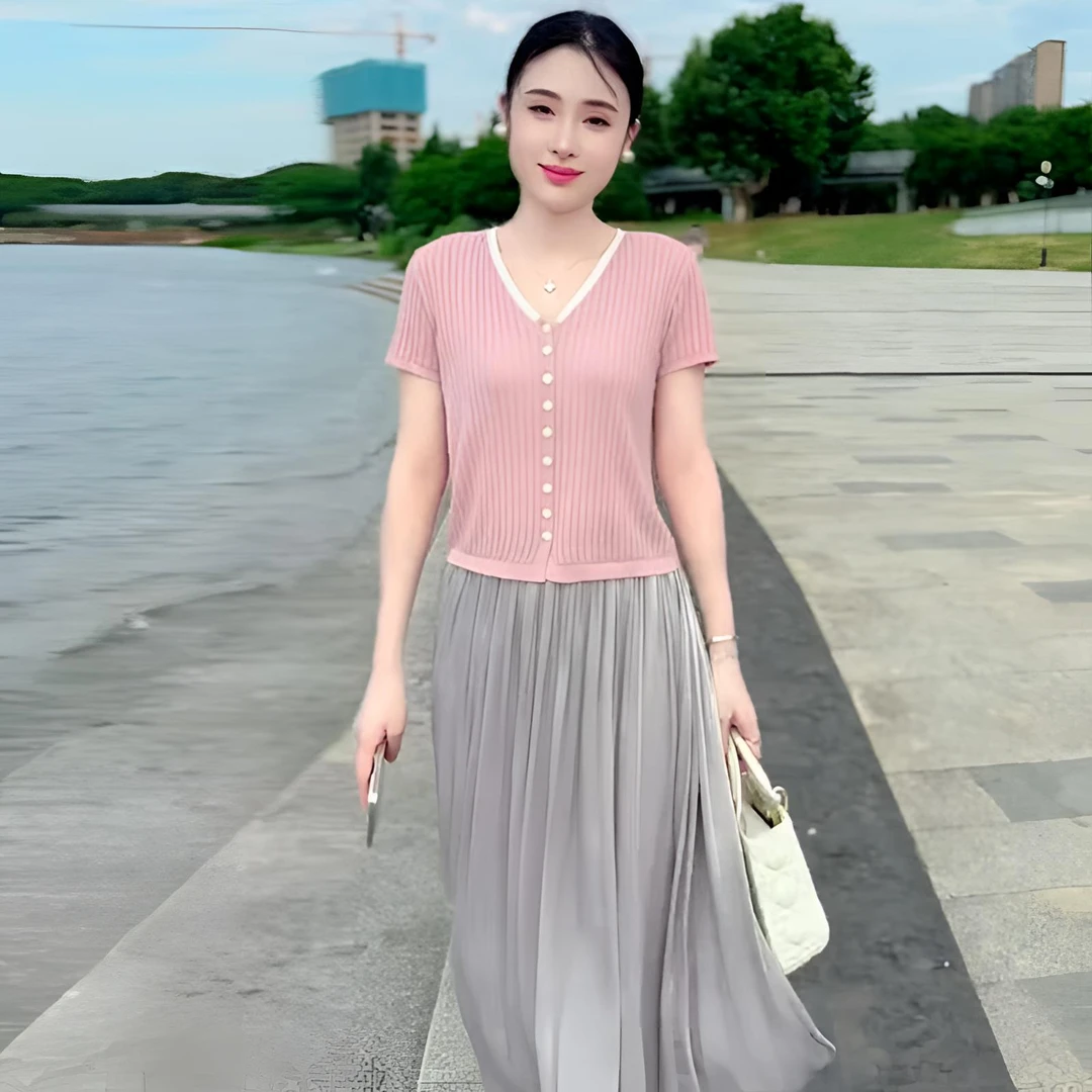 夏季薄款V领针织衫女开衫短袖宽松显瘦上衣T恤中长款流光纱半身裙