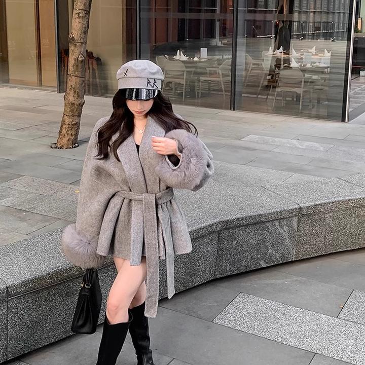 v领绑带毛呢外套女2024秋冬季长袖宽松高级感大衣拼接中长款上衣