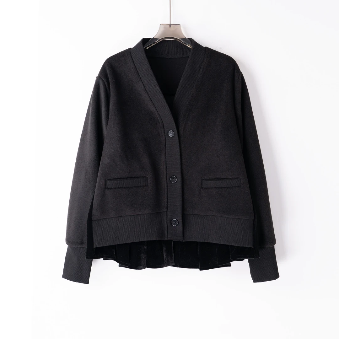 PW241167秋冬新款丝绒拼接羊毛呢大衣加厚外套小众设计简约大牌