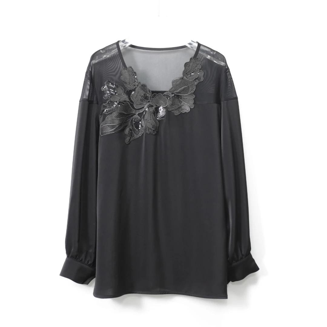 S230331 黑色拼接网纱领口贴蕾丝长袖宽松显瘦大码女装夏季T恤