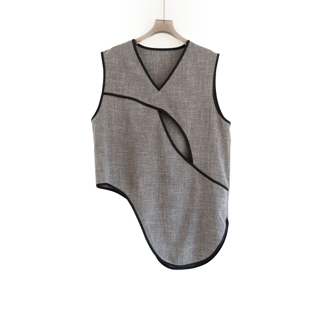 PW240379夏季新款2024年交叉不对称设计上衣无袖马甲上衣醋酸亚麻