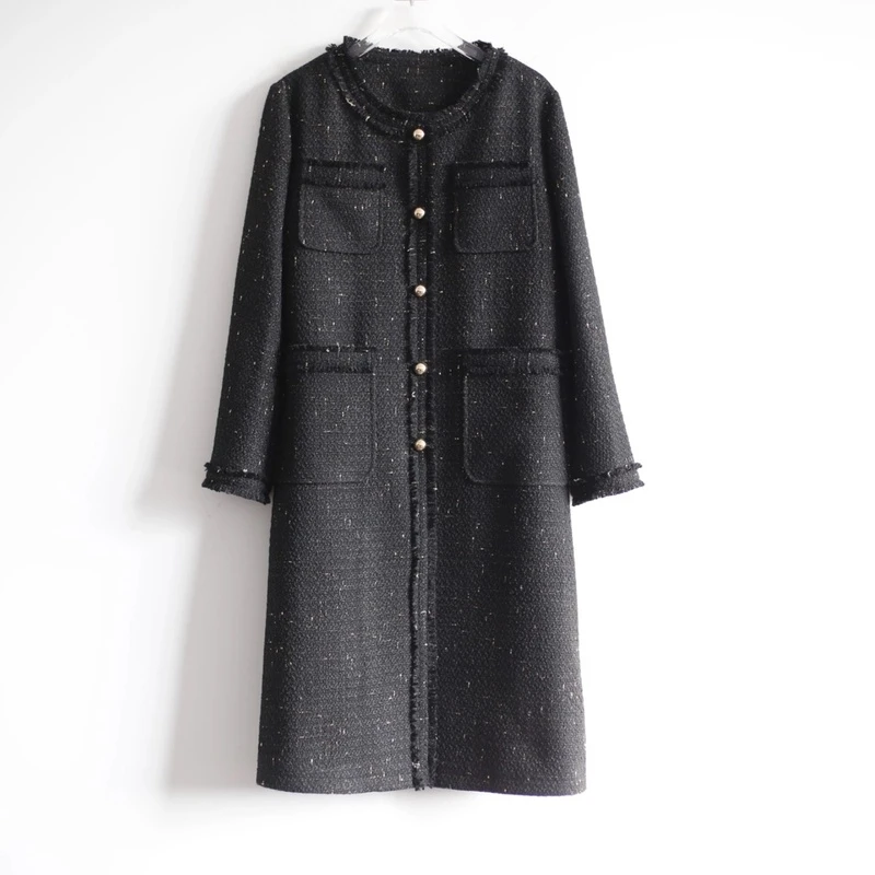 W221170 时尚小香风粗花呢长袖中长款女冬季百搭宽松显瘦外套