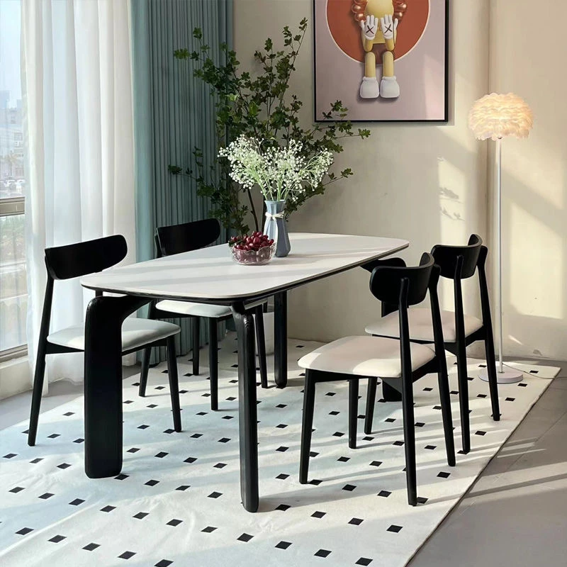 法式中古风岩板家用餐桌大象腿长方形复古奶油风纯实木饭桌子家用