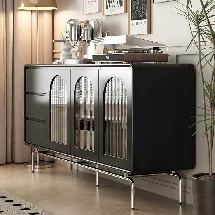 霖越法式复古实木餐边柜储物柜多层简约客厅茶水轻奢不锈钢餐边柜