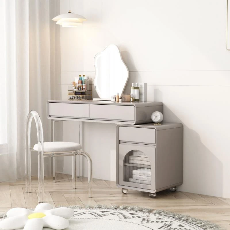 霖越亚克力奶油风极简实木悬空可伸缩化梳妆台收纳柜一体柜卧室柜