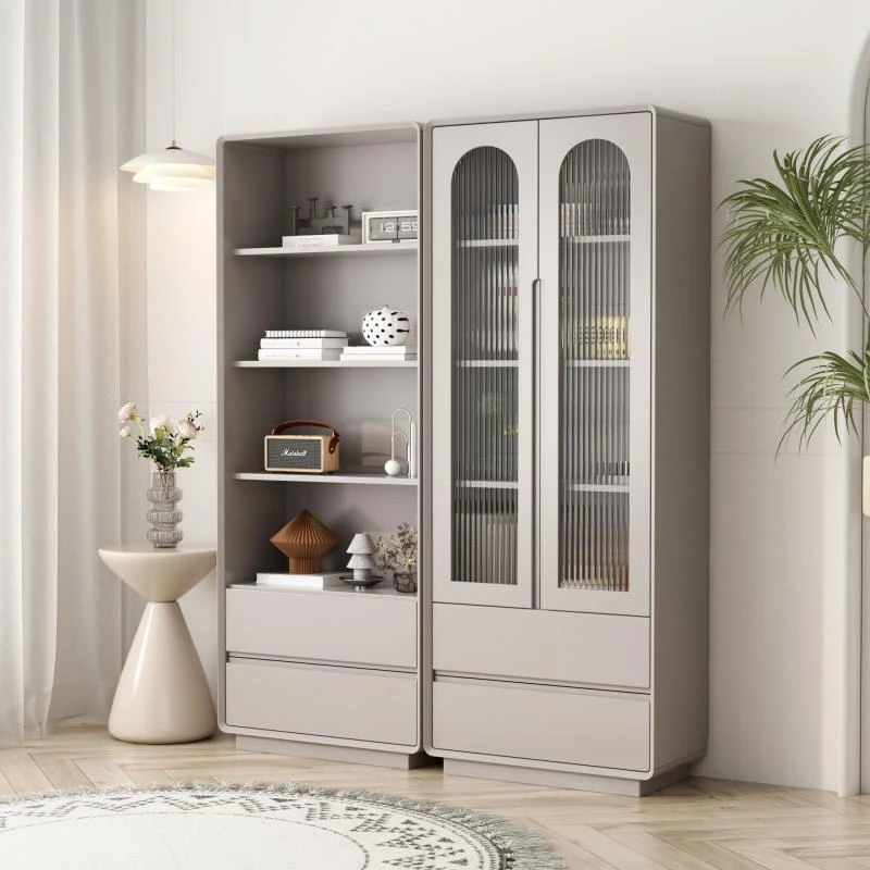 霖越意式实木组合书柜带玻璃门奶油风置物柜收纳书架书橱落地柜子