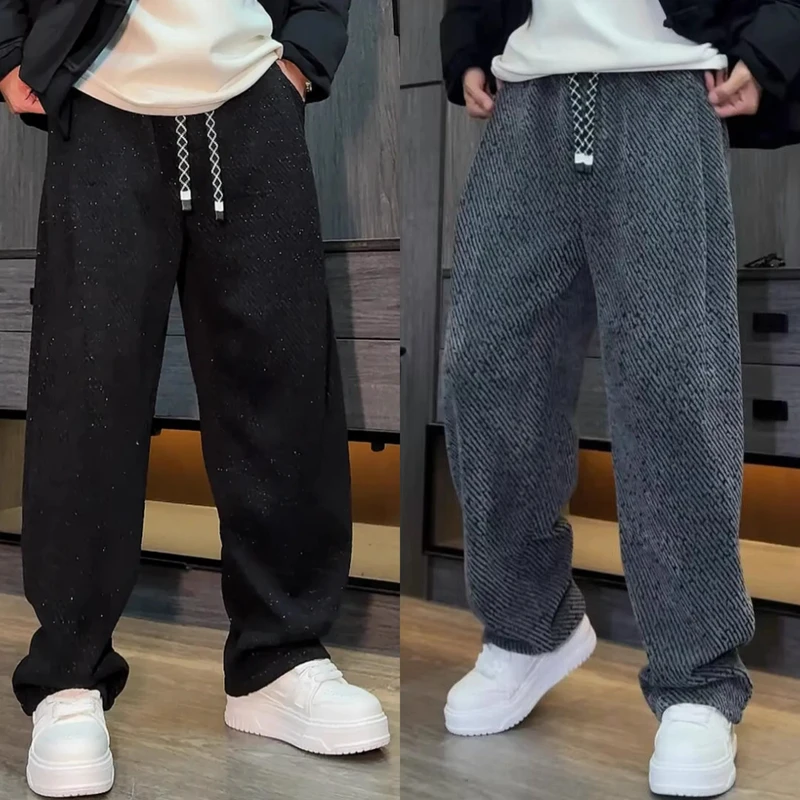 秋冬新款满天星斜条纹加绒直筒休闲裤男士高级慵懒垂感拖地阔腿裤