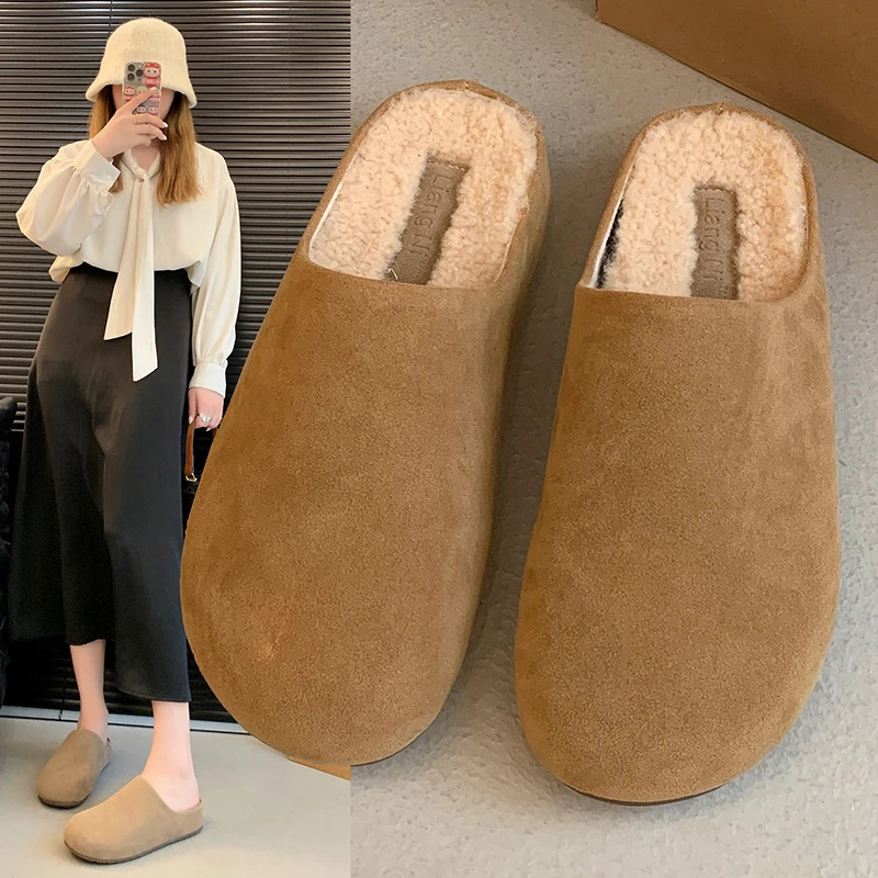 厚底勃肯鞋加绒包头半拖鞋女外穿2024新款秋冬季一脚蹬博肯棉拖鞋