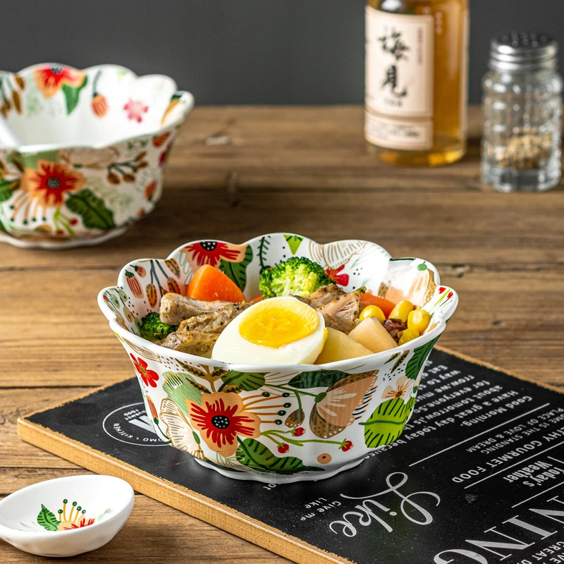 兮房七彩云花花边米饭碗酸奶碗沙拉碗家用吃饭碗陶瓷甜品碗双耳