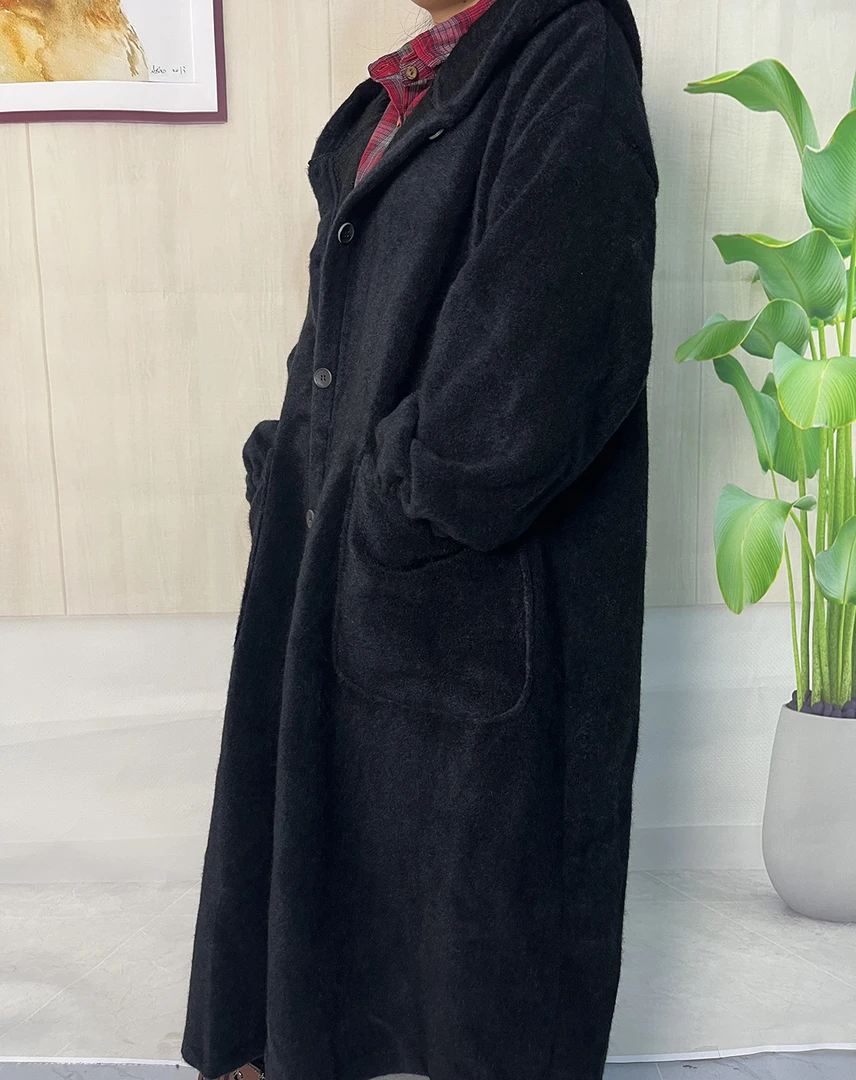 [清仓】大衣连帽黑色百搭绒大衣