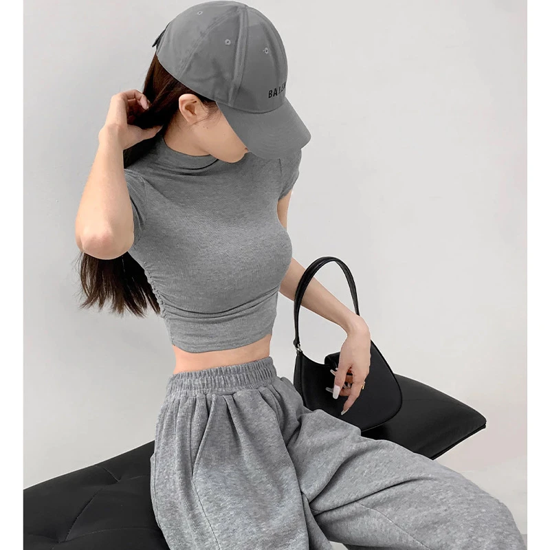 小高领运动上衣女春夏辣妹百搭褶皱修身瑜伽服薄款健身短袖显瘦T