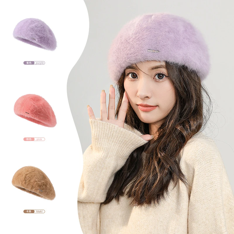 网红爆款气质温暖复古毛绒针织冬季卡其女士韩版毛线女款贝雷帽