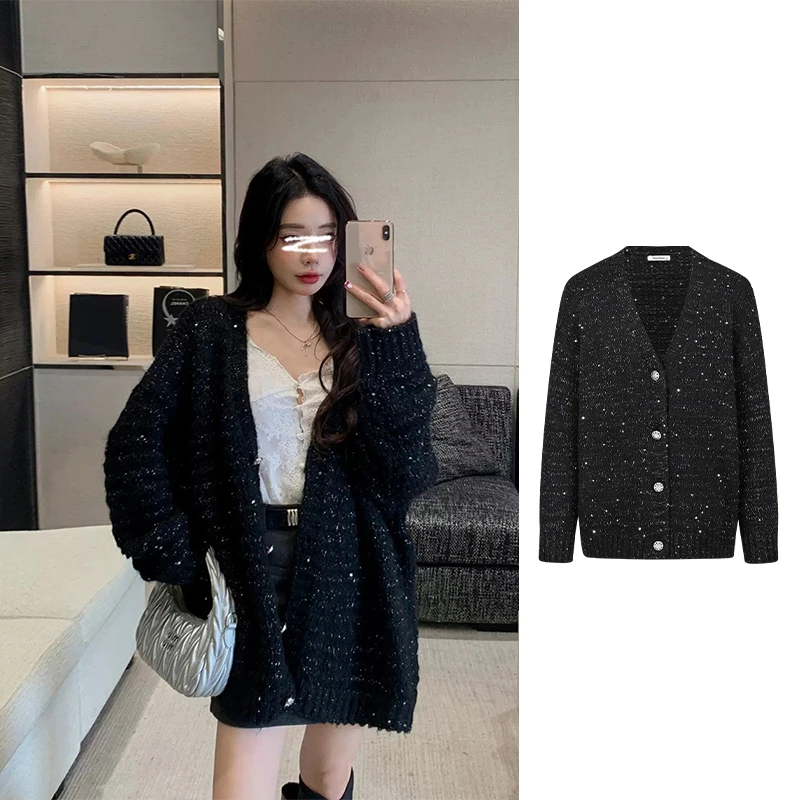 Moses Queen/魔西女王老钱风细闪设计V领针织开衫慵懒毛衣外套