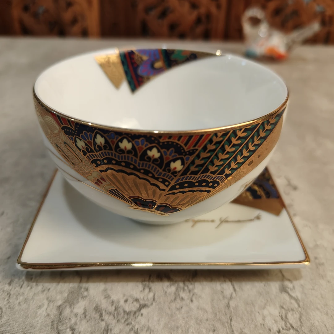 日本中古日式茶杯 YAMAMOTO描金彩蝶内外绘 一杯一碟珐琅彩欧式杯