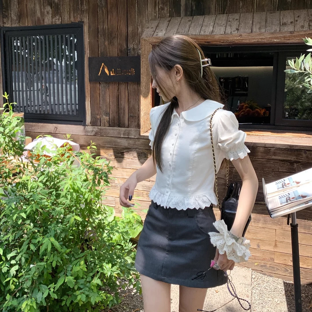 法式甜美娃娃领白色衬衫女夏季新韩版泡泡袖短款设计感气质短上衣
