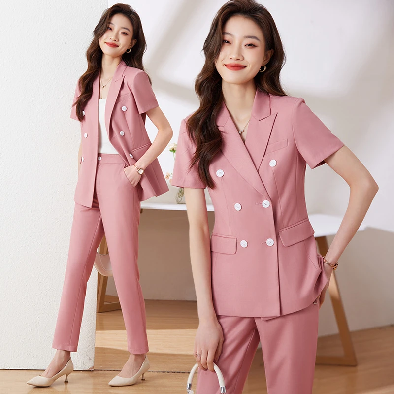 职业套装女短袖2023夏季新款双排扣气质女神范西装总裁正装两件套