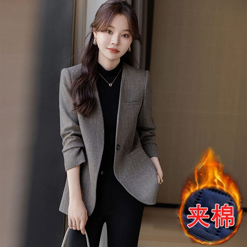 秋冬加厚保暖西装外套女气质时尚休闲正装职业宽松加棉西服1262