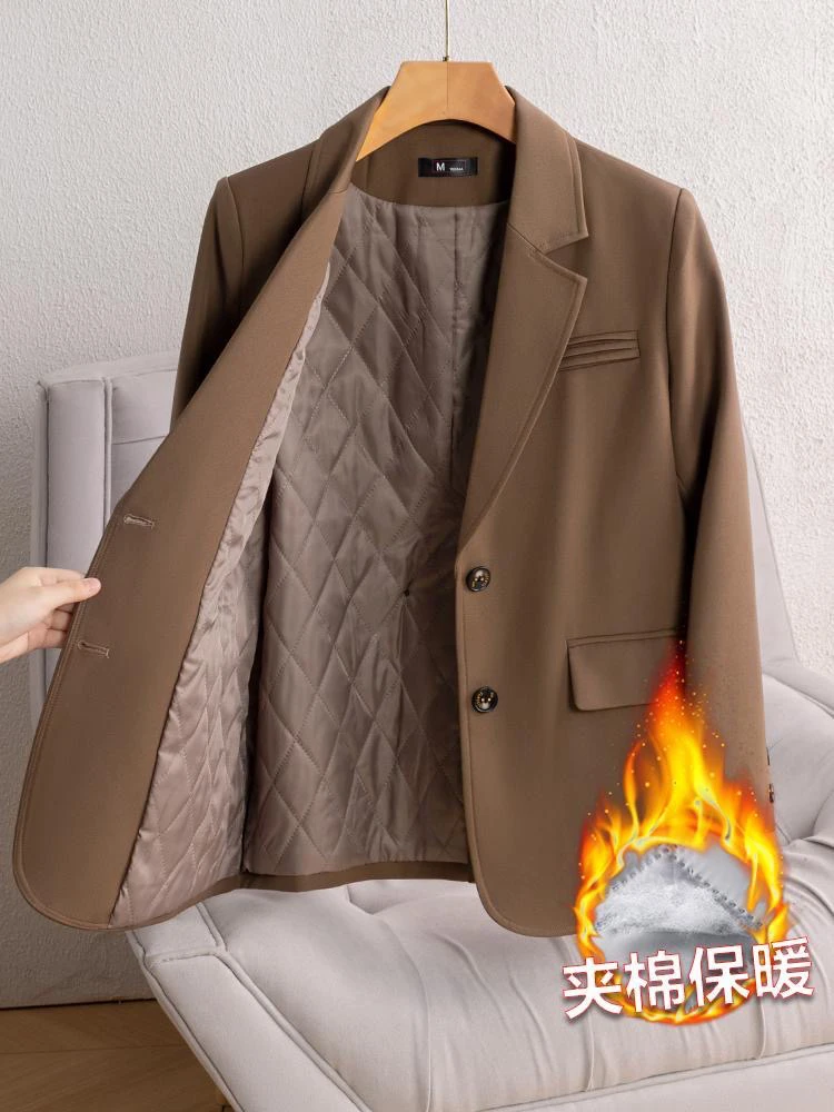 加棉加厚咖色西装外套女冬季2024秋冬新款小个子修身款休闲西服