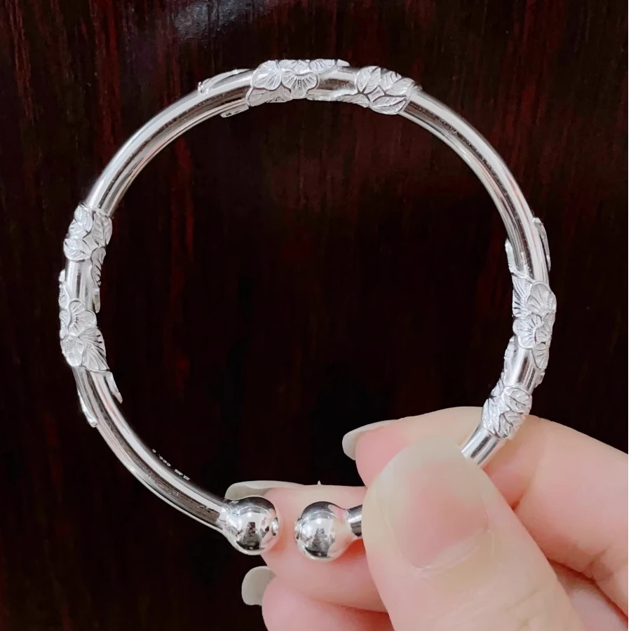 足银手镯 足银999.9繁花似锦实心对珠开口款手镯【L60】