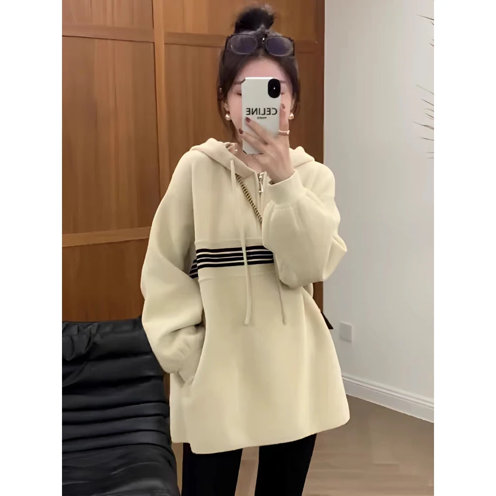休闲半拉链撞色连帽卫衣女秋冬季2025新款慵懒风宽松长袖套头上衣