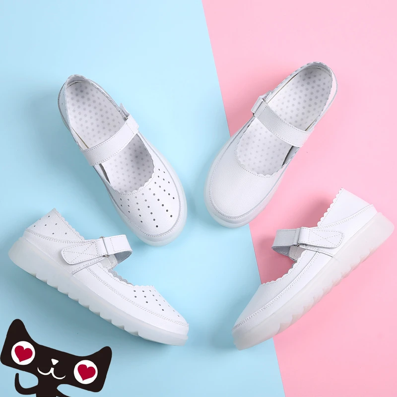 艾伦莎医护真皮春夏平底镂空护士鞋女透气软底美容师防臭舒适坡跟