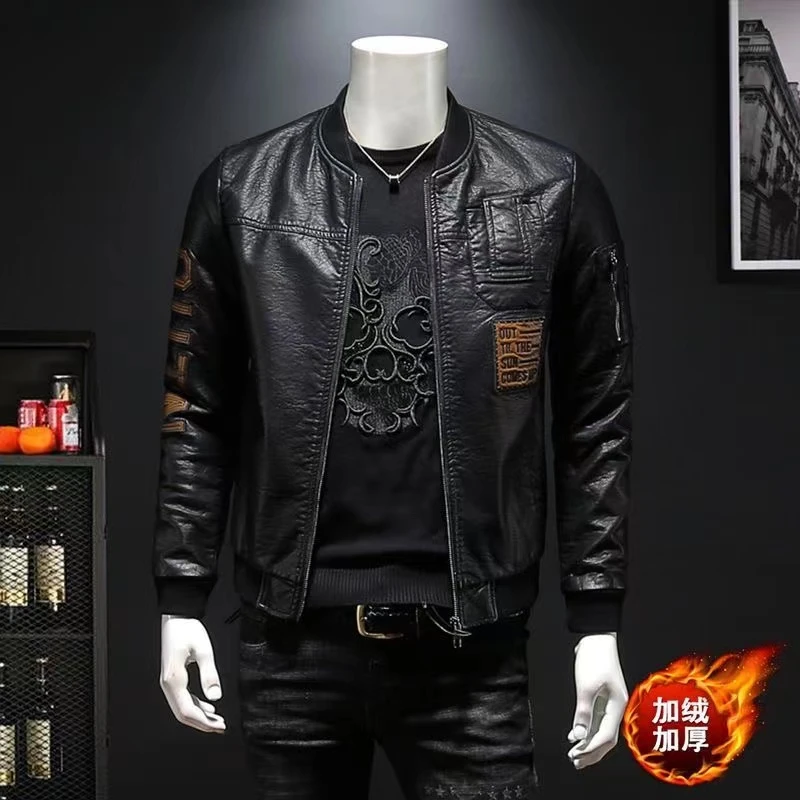 断码清货捡漏皮衣男外套韩版修身休闲棒球领皮夹克青年加绒加厚上