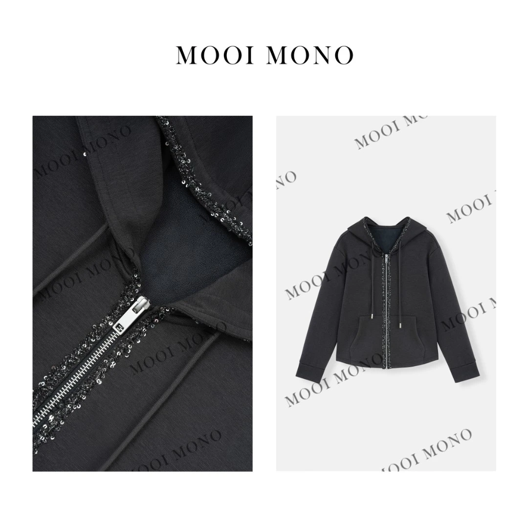 MOOI MONO"优雅银辉" 显瘦秋冬连帽针织加绒宽松开衫外套 W502T44