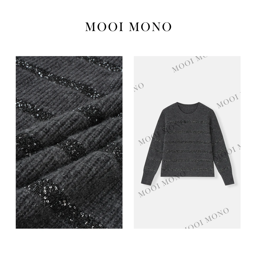 MOOI MONO"平行线"显瘦时尚休闲圆领亮片马海毛套头毛衫 M408D44