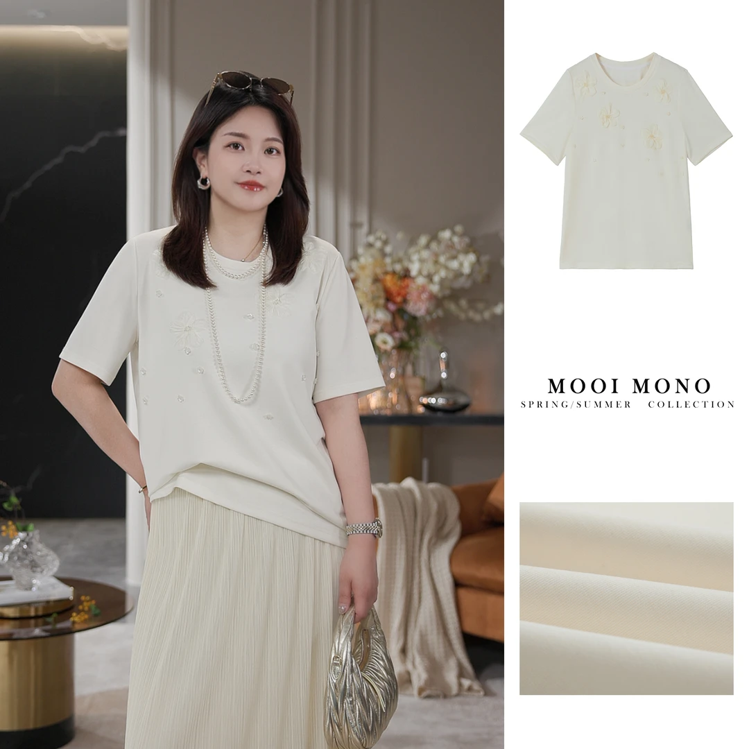 MOOI MONO＂白玉花开＂ 显瘦重工立体山茶花朵钉珠轻奢短袖 A42T110