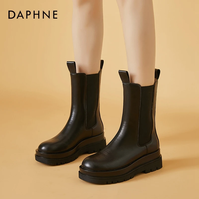 【Daphne/达芙妮】冬季加绒圆头厚底显瘦烟筒靴 4022605303Q