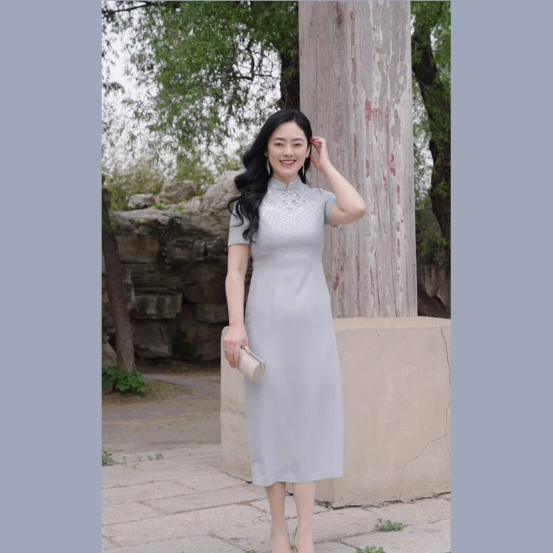 款号10955玉簪绿色高端中式裙商务场合、礼服婚礼妈妈装