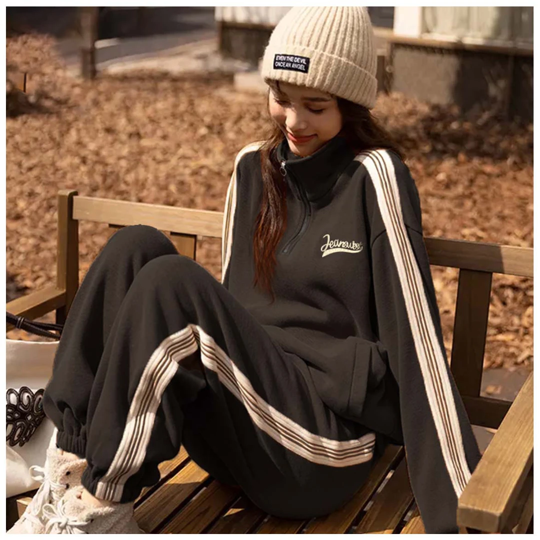 春秋新款半胸拉链织带拼接卫衣情侣套装T2663