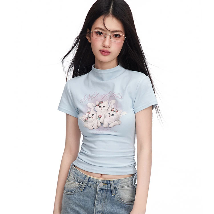NTOT原创设计复古天使小猫半高领印花T恤上衣NOTTX24087
