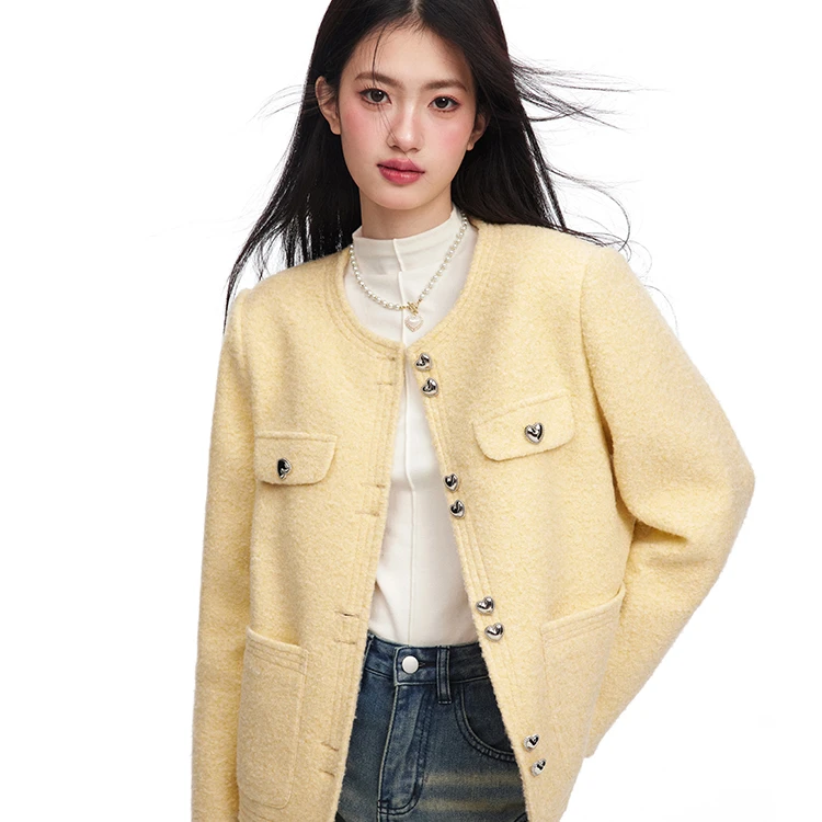 ntot 设计师款小香风黄色肌理辑线圆领宽松通勤外套 NOTWT24117