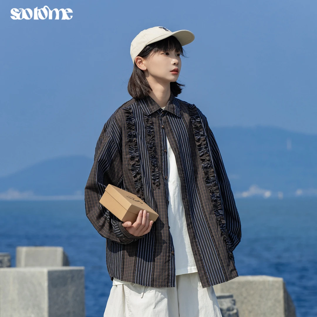 早乙女惠子saotome 百搭不规则木耳边条纹衬衫外套STMCS243157