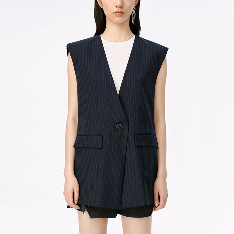 D素 时尚休闲女士夏季修身百搭马甲 藏青色竖条纹羊背心