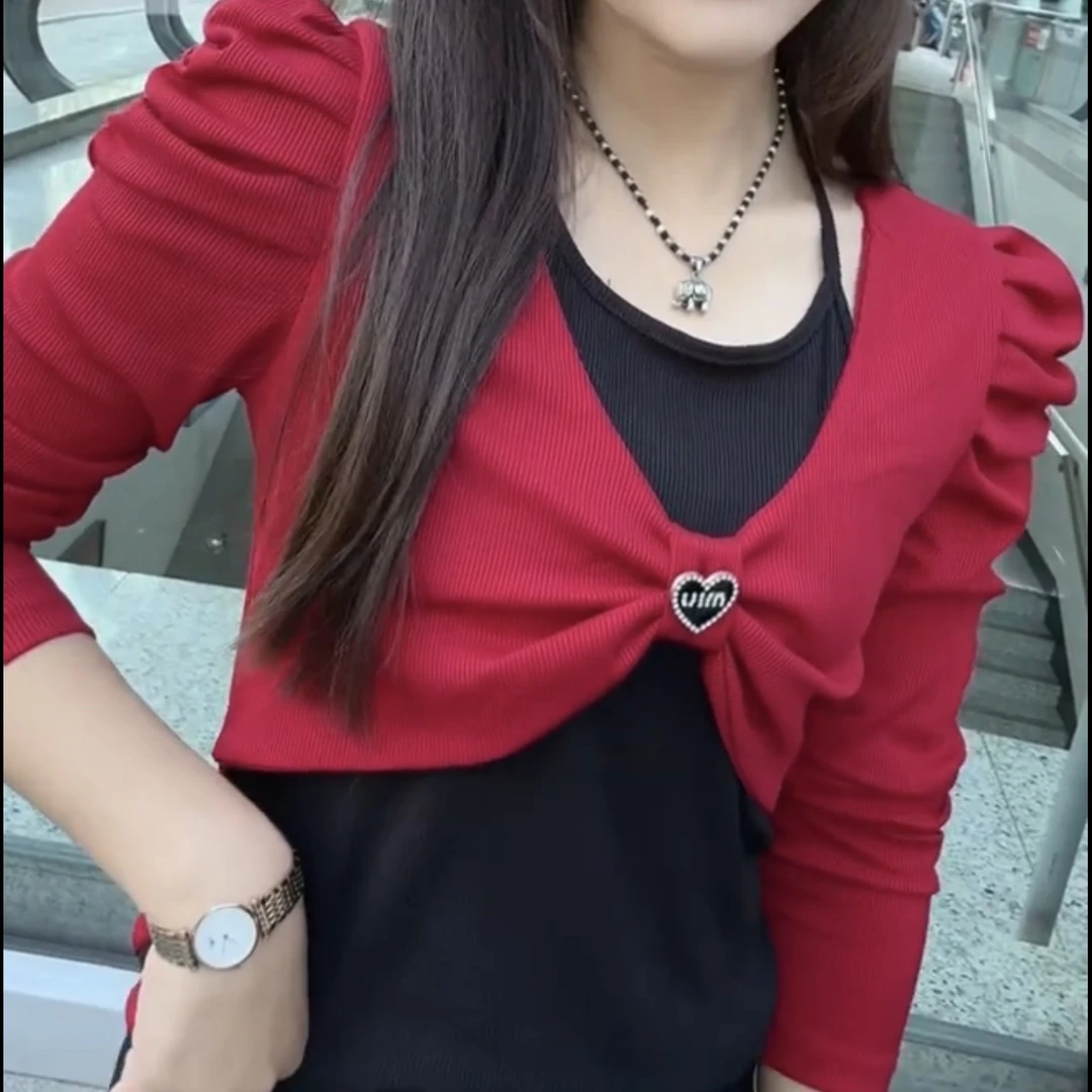 6369桃网红爆款时尚减龄修身显瘦秋季新款蝴蝶结洋气时尚假两件