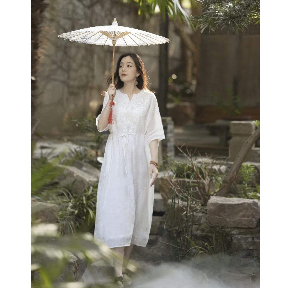 【100苎麻】8018【非普货富婆的收割机】万针刺绣气质双层连女装文艺