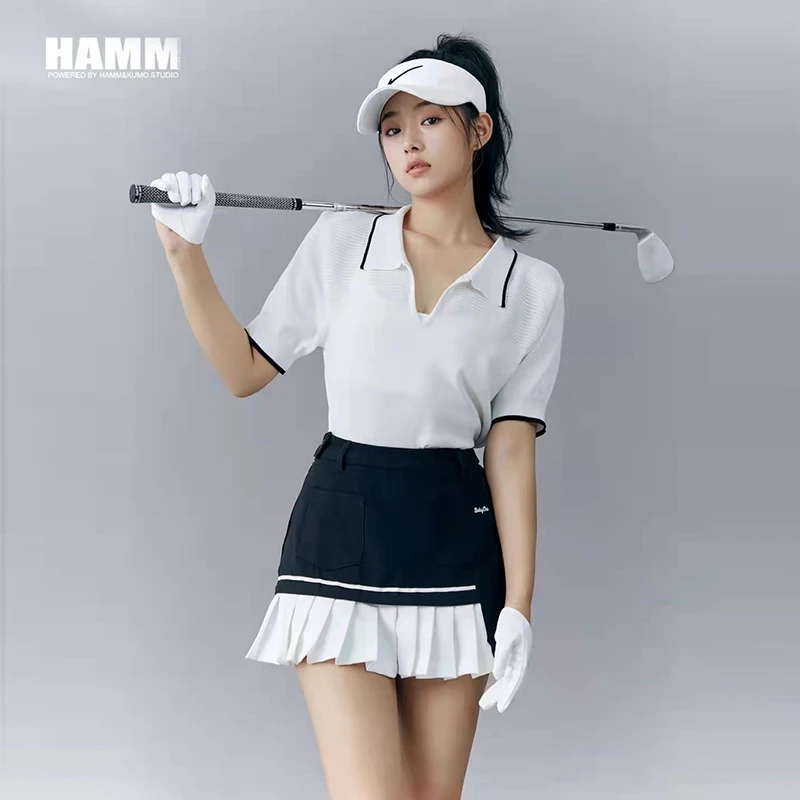 韩版高尔夫球服装女士夏季冰丝白色短袖POLO衫golf速干百褶短裙裤