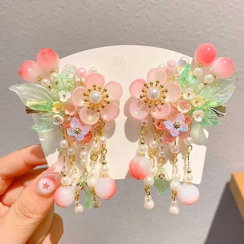 2024儿童汉服古风发夹珍珠花朵对夹珍珠水晶鸭嘴夹中国风女童发