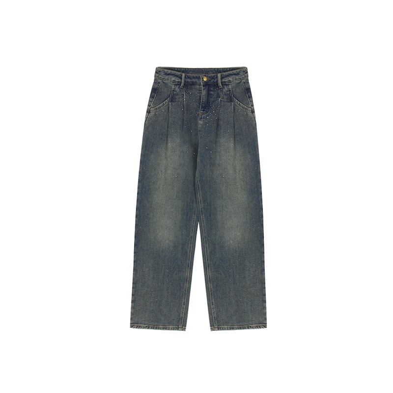 潮流百搭时尚复古宽松重工烫钻设计师做旧直筒阔腿高腰显瘦牛仔裤