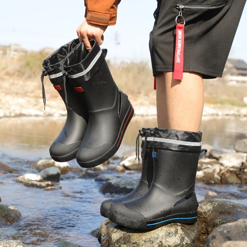 男士防水防滑软底保暖加棉加绒中筒耐雨靴厨房骑手户外钓鱼雨鞋
