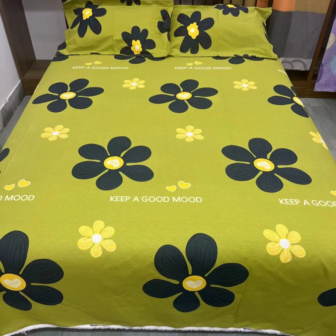 2024新款高档加厚纯棉斜纹澳绒布料【绿太阳花】做床单枕套被套